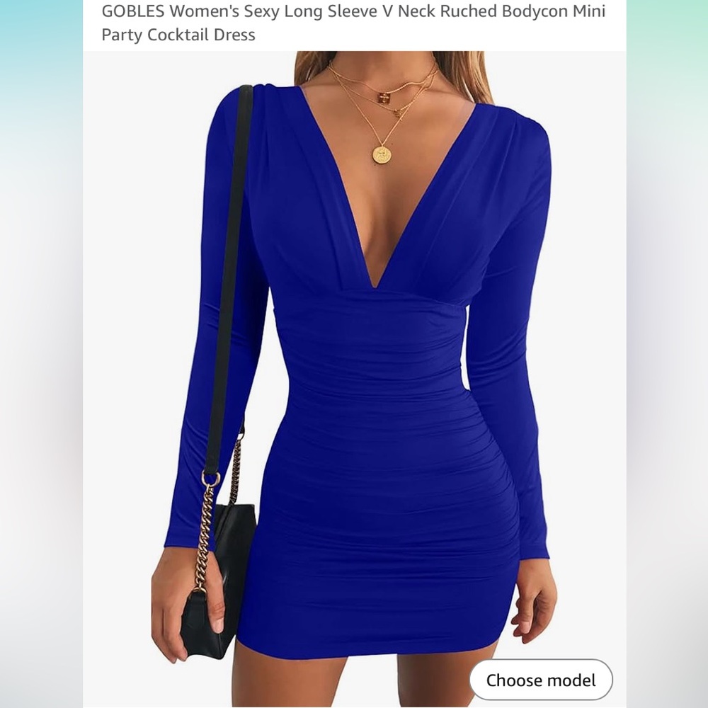Women's Blue Long Sleeve V Neck Bodycon Dress
